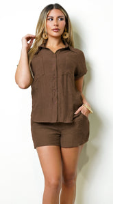 Avryn Crinkle Button Down Set - Brown